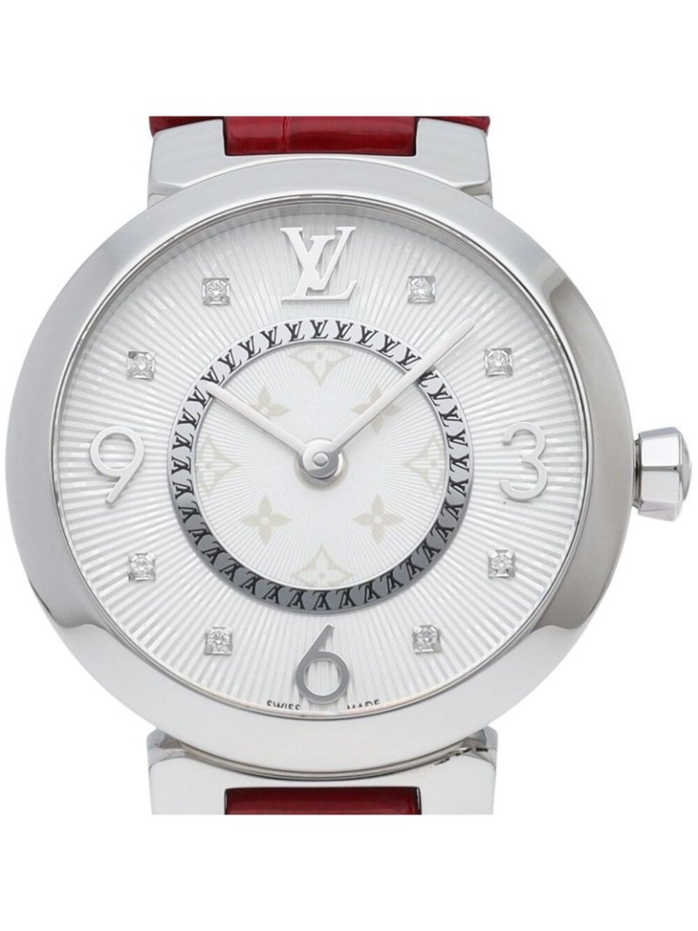 Louis Vuitton Tambour Slim Watch Diamond SS Leather Silver